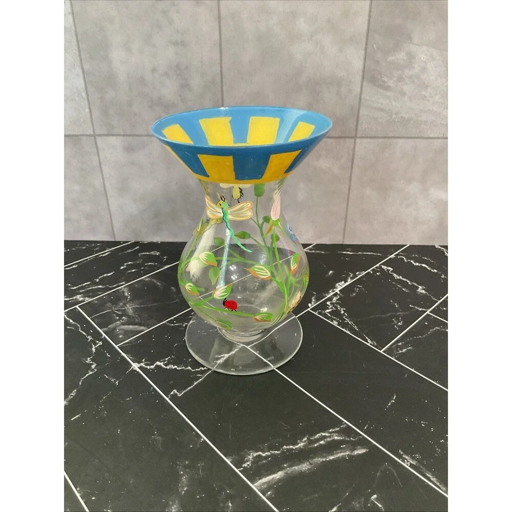 Butterfly Meadow Dragonfly Ladybug FlowerHand Painted Glass Vase 6”